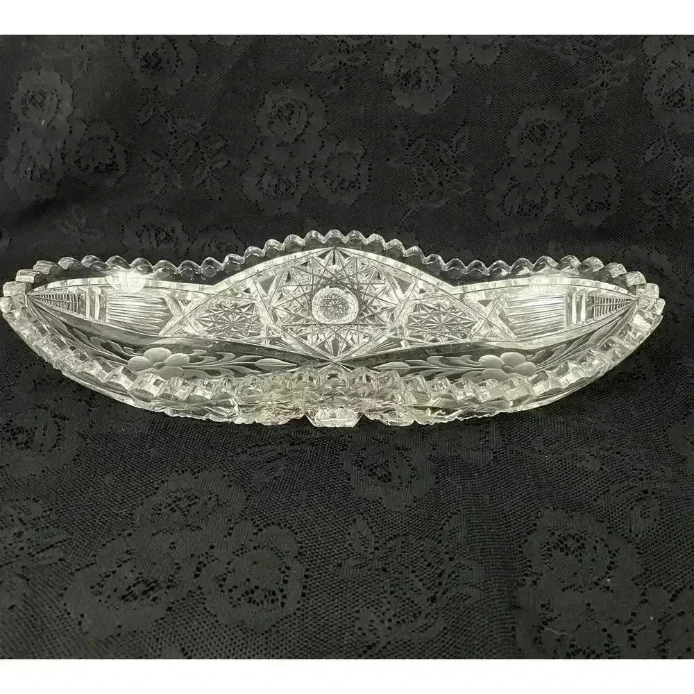 VTG American Brilliant Clear Cut Glass Oblong Relish Tray Celery Bowl 11"‎ HEAVY